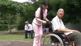 Bizarre Japanese half naked caregiver outdoors